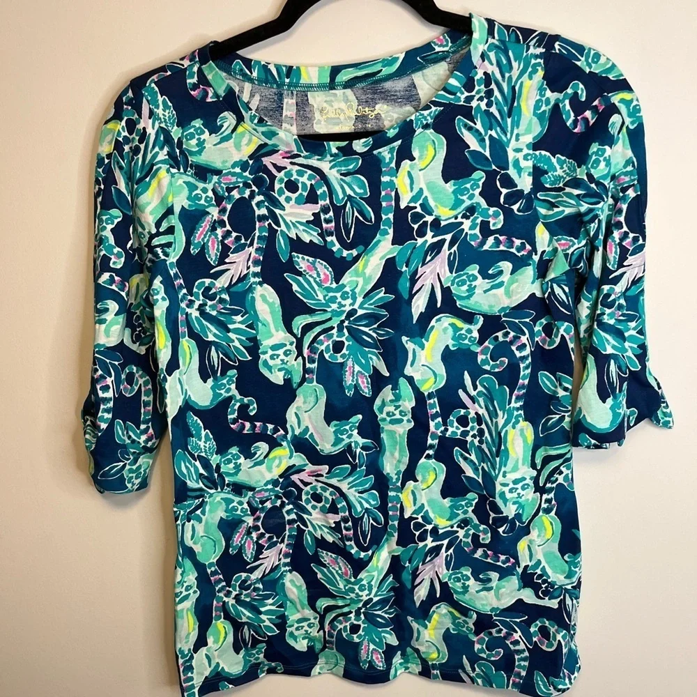 Lilly Pulitzer Preston Top Tidal Wave Tie Sleeve Pima Cotton XS - Picture 8 of 9